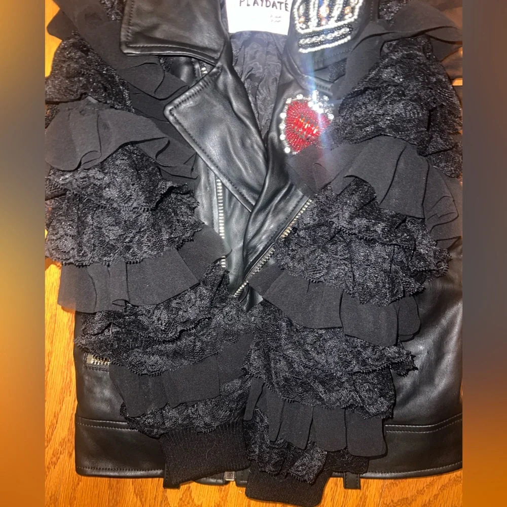 Girls Ruffle Sleeve Faux Leather Moto Jacket size 4T - Picture 6 of 10